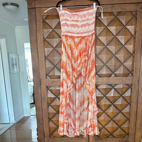 ROCOCO SAND Gold Thread Orange and White Strapless High Low Flowing Dress Size M - Picture 1 of 12